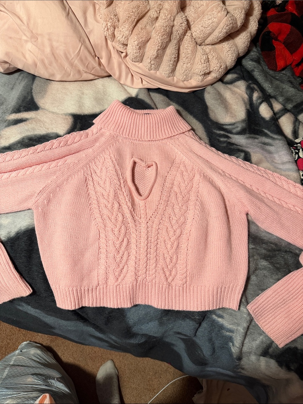 Cozy Pink Cable-Knit Turtleneck Sweater with Heart Back Detail